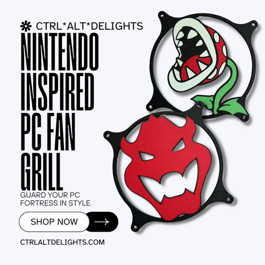 A set of two Nintendo-inspired PC fan grills featuring Piranha Plant and Bowser designs. These stylish grills enhance cooling while adding a fun touch to gaming setups. Ideal for custom PC builds.