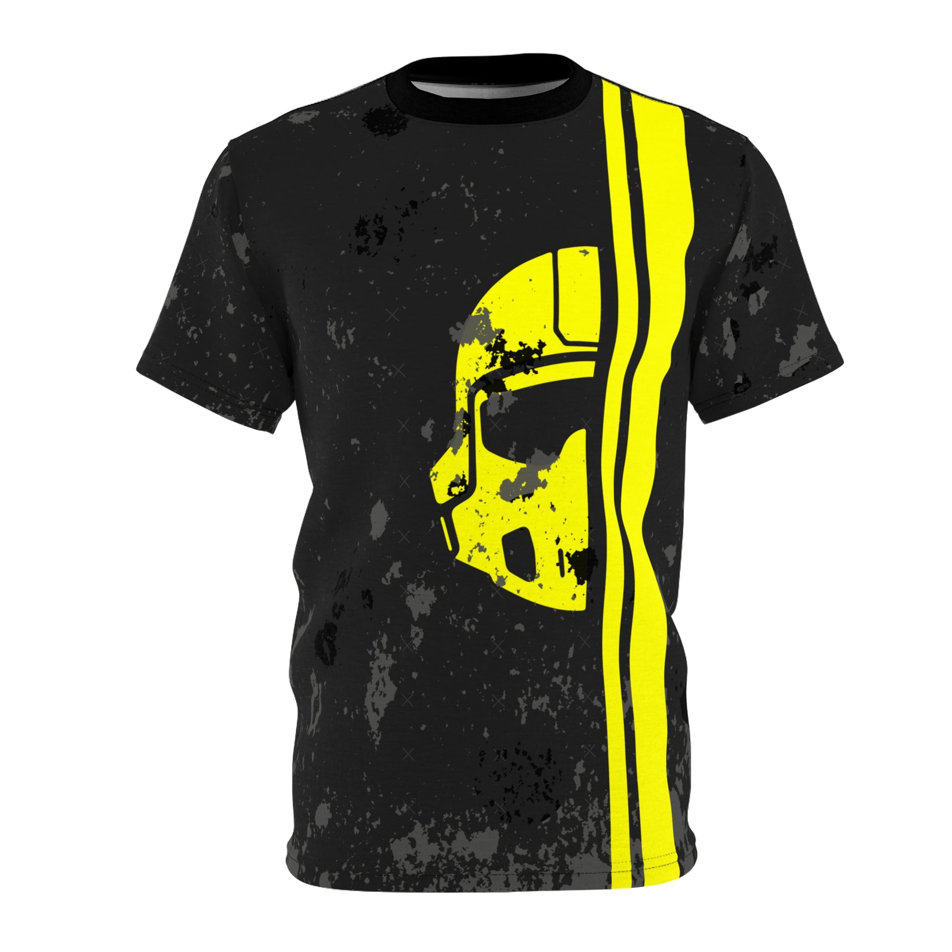 Helldivers 2 unisex t-shirt featuring a bold helmet design with yellow stripes. Perfect for gamers and Helldivers fans looking to show off their love for the game with stylish tactical gear