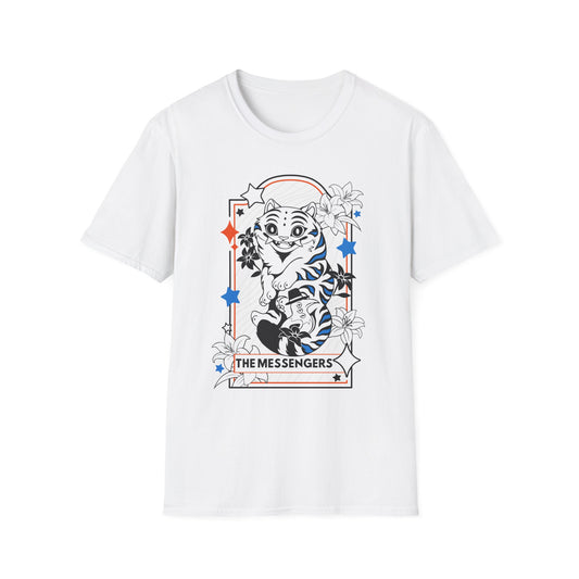 White Unisex T-shirt featuring Derpy Tiger from KPOP Demon Hunters as a Tarot Card. Perfect mashup tee for KDH and tarot lovers alike.