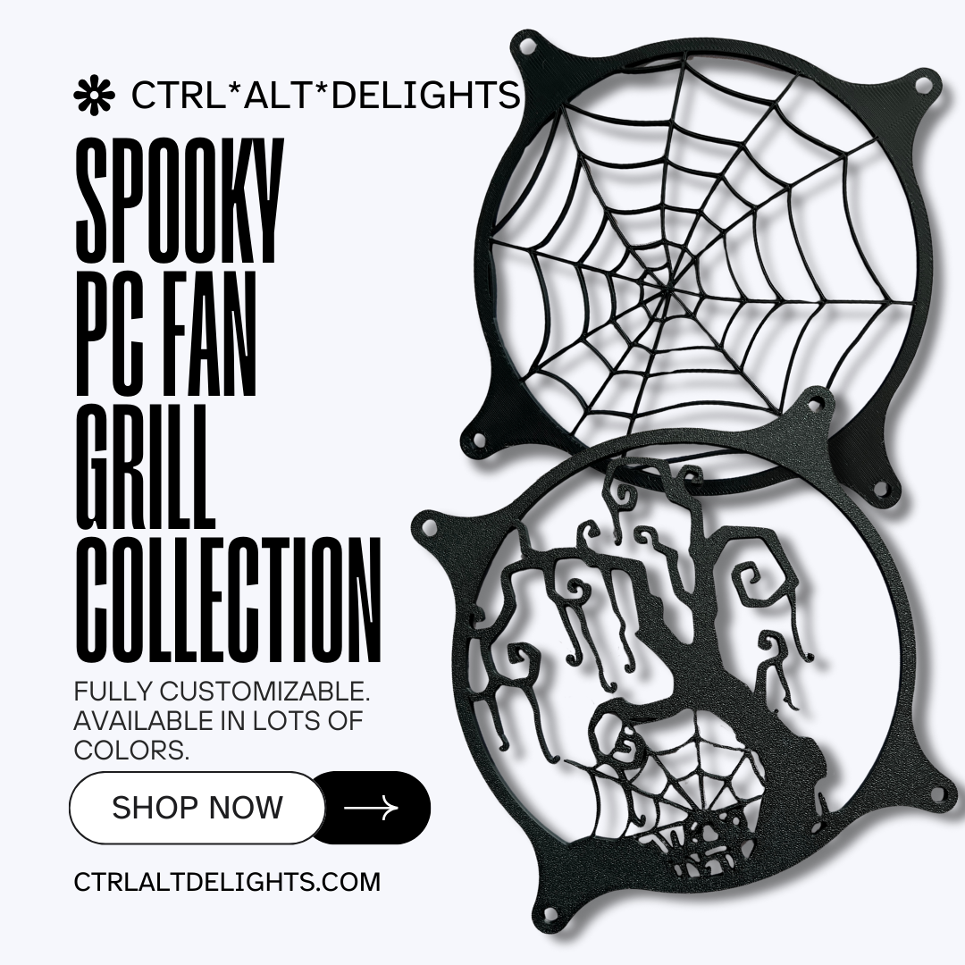 Spider web-themed decorative PC fan cover, 120mm grill for gaming setups. Custom 3D-printed design fits standard computer cases, adding a unique touch to your build. Available in Black or Black and white.