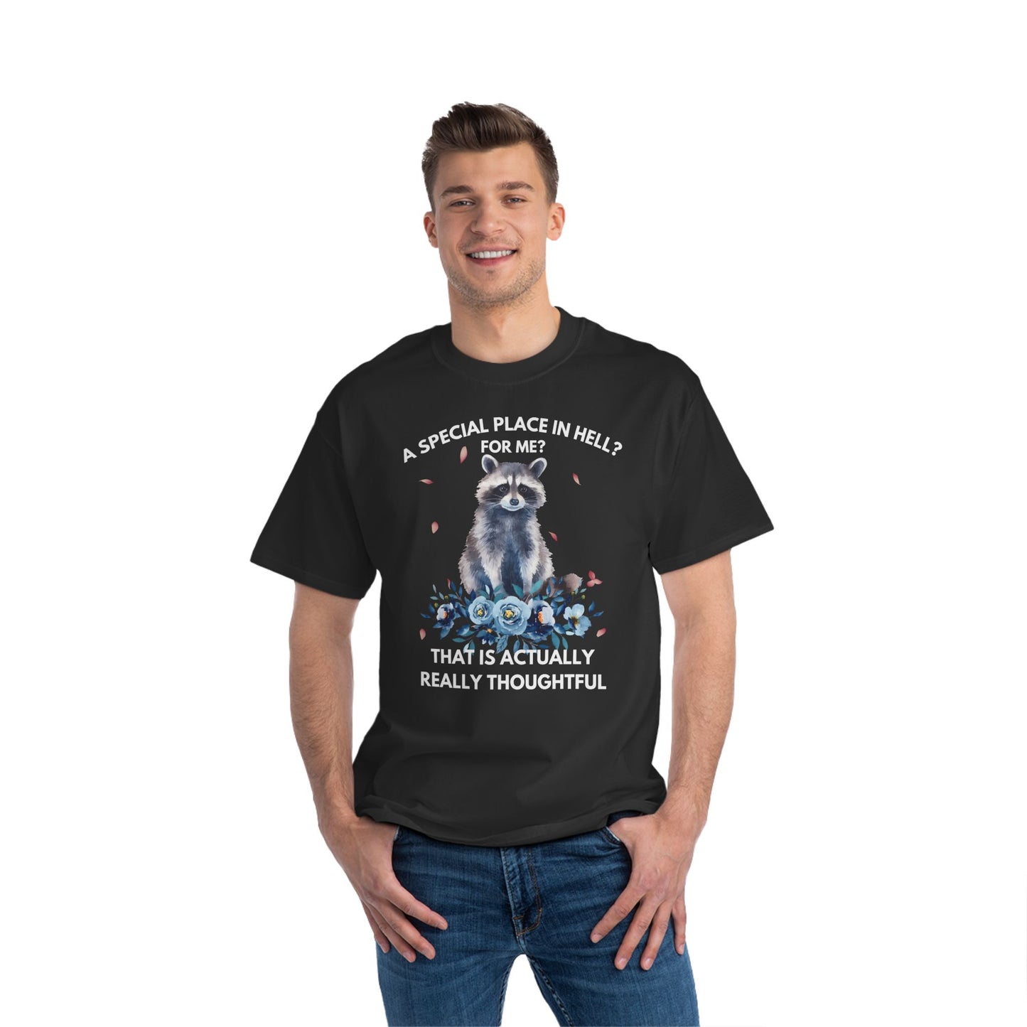 Funny raccoon t-shirt featuring the phrase 'A Special Place in Hell for Me?' with a cute raccoon and floral design. Perfect for animal lovers with a sarcastic sense of humor, this tee makes a snarky gift.