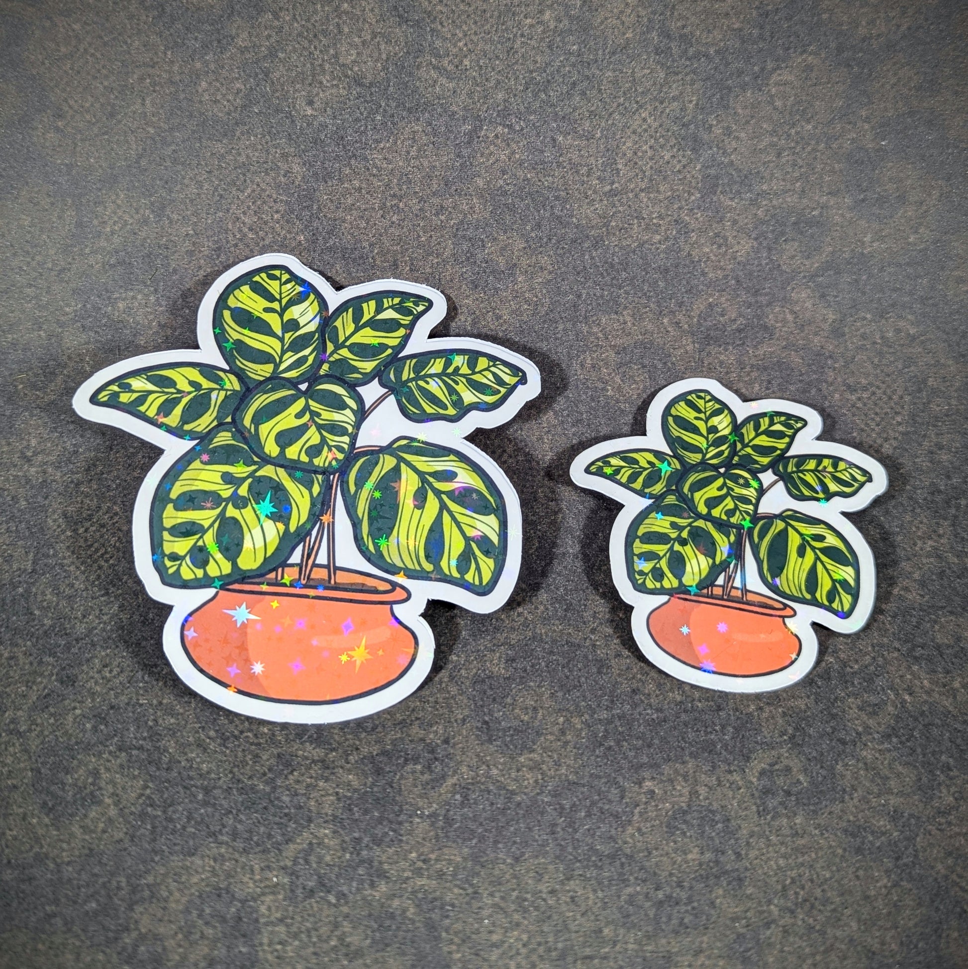 "Pair of holographic calathea plant stickers in orange pots, featuring vibrant green leaves with intricate patterns. Perfect for plant enthusiasts and adding a touch of greenery to laptops, journals, or decor."