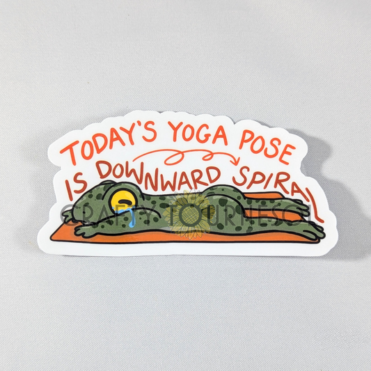 "Funny yoga sticker featuring a tired frog in 'Downward Spiral' pose with humorous text. Perfect for yoga lovers, mental health awareness, or adding a playful touch to water bottles, laptops, or journals."