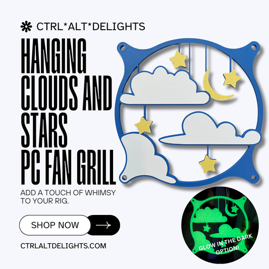 This whimsical 3D printed PC fan grille cover features pastel clouds, stars, and a crescent moon, adding a playful and cute touch to your gaming setup or workspace with a soft, kawaii style.