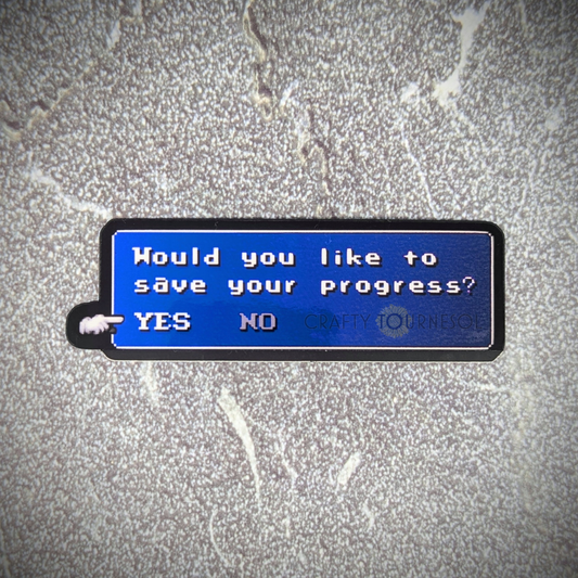 "Pixel art sticker featuring a classic RPG-style save prompt with the text 'Would you like to save your progress? YES NO,' ideal for gamers and nostalgia lovers. Background is a textured gray surface."