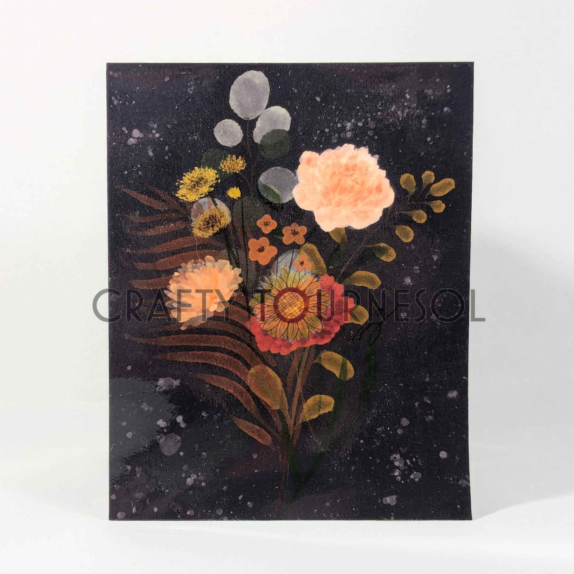 "Vintage-style floral art sticker featuring delicate orange and yellow blooms against a black, textured background. Perfect for adding a touch of botanical elegance to journals, laptops, or decor."