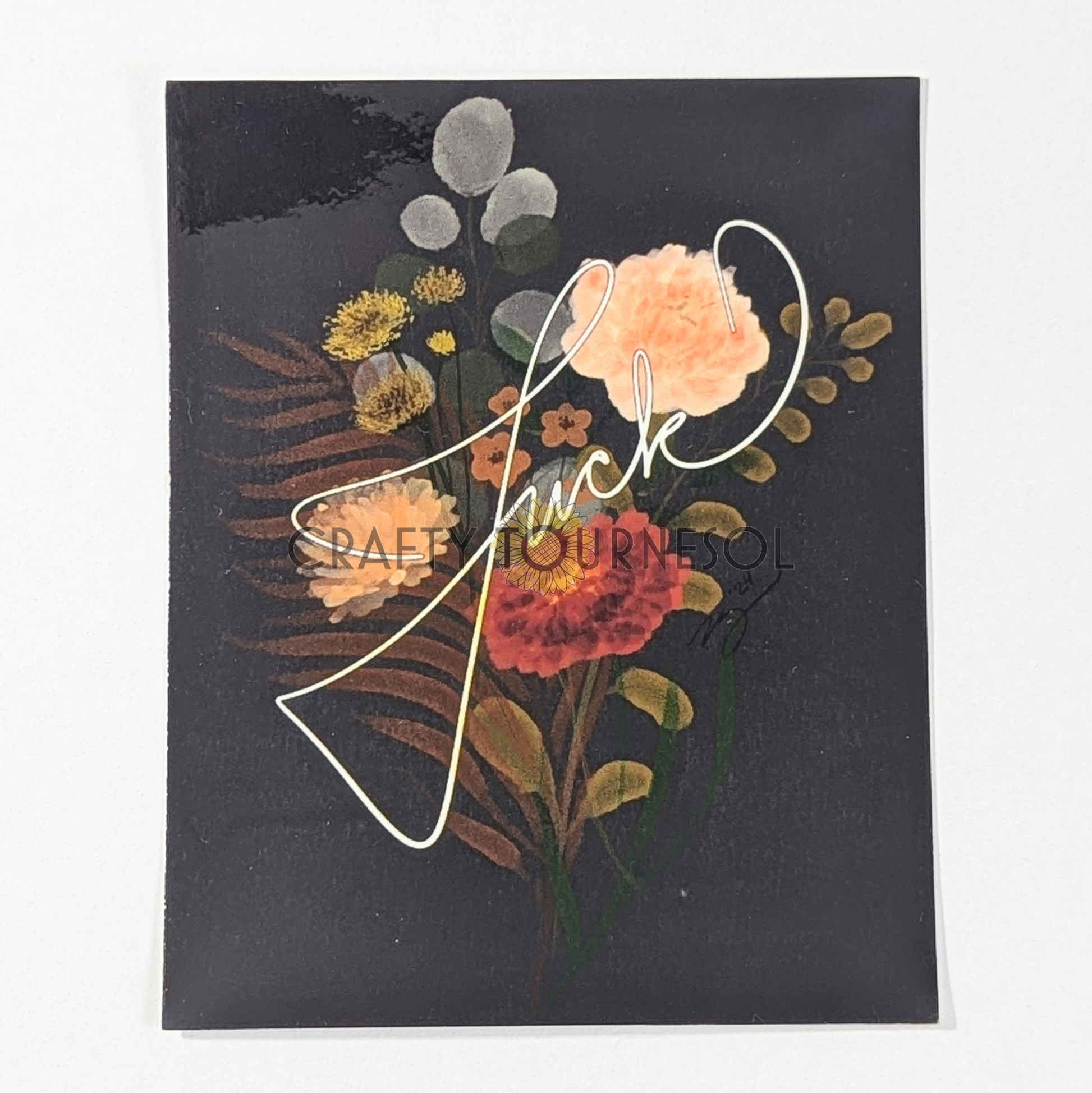 "Vintage-inspired floral art sticker with the word 'fuck' in elegant script, set against a black background. Perfect for adding edgy, botanical charm to journals, laptops, or personal decor."