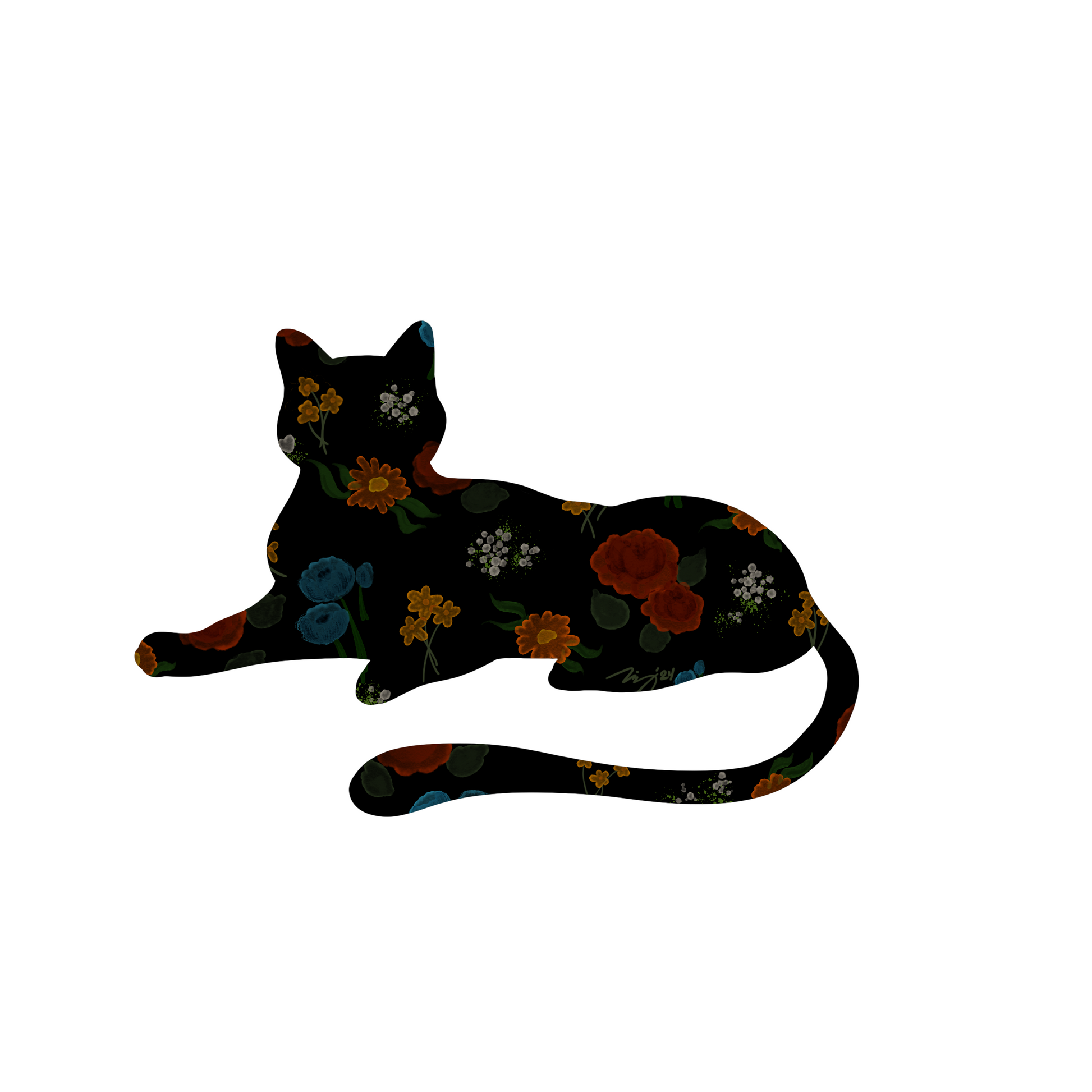 "Artistic illustration of a lounging cat silhouette filled with vibrant floral patterns, including red, orange, and blue flowers, perfect for cat lovers and fans of botanical-inspired art."