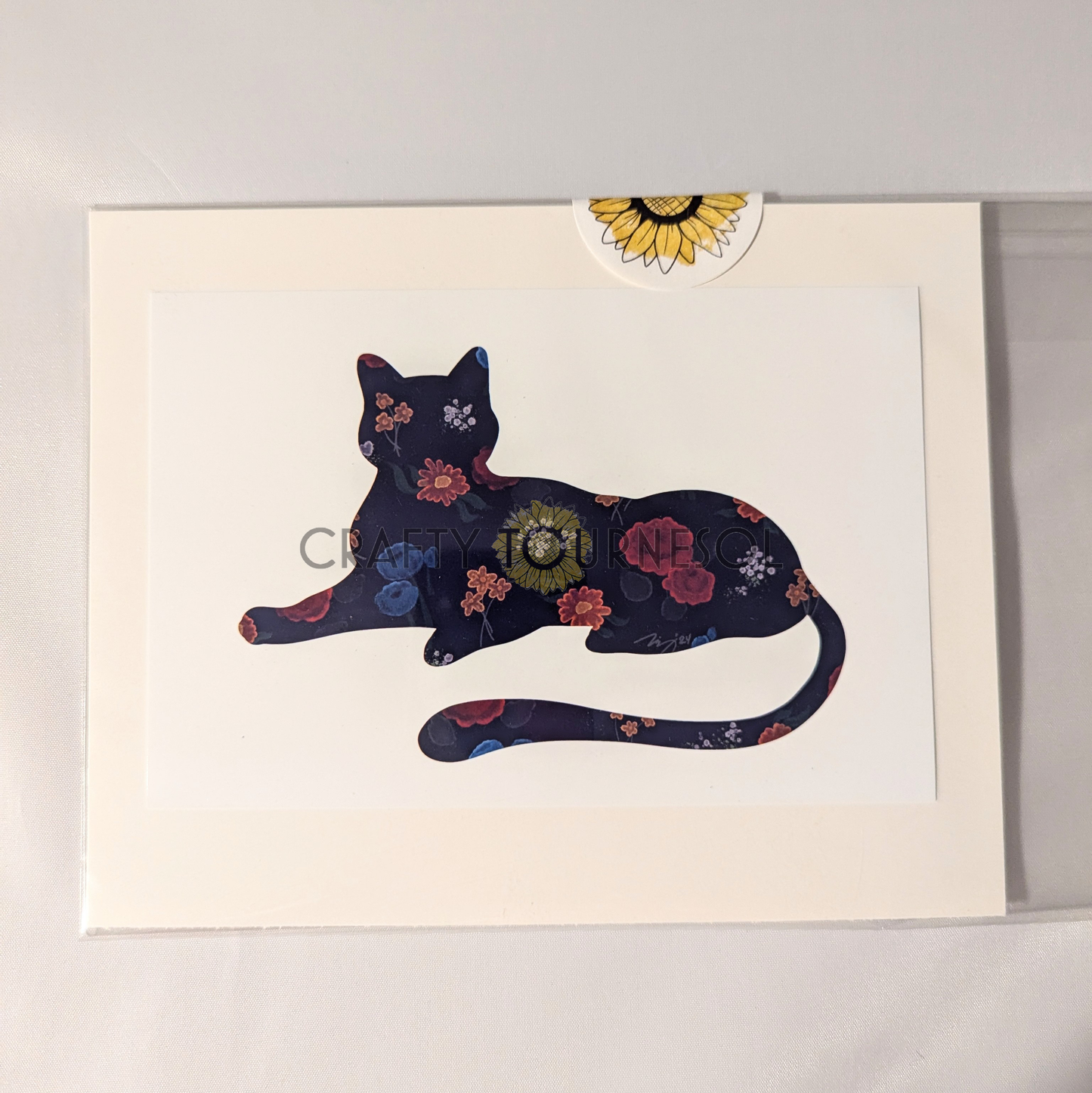 "Elegant art print of a cat silhouette filled with intricate floral patterns in dark, rich colors. Perfect for cat and art lovers who appreciate stylish, nature-inspired designs for home decor."