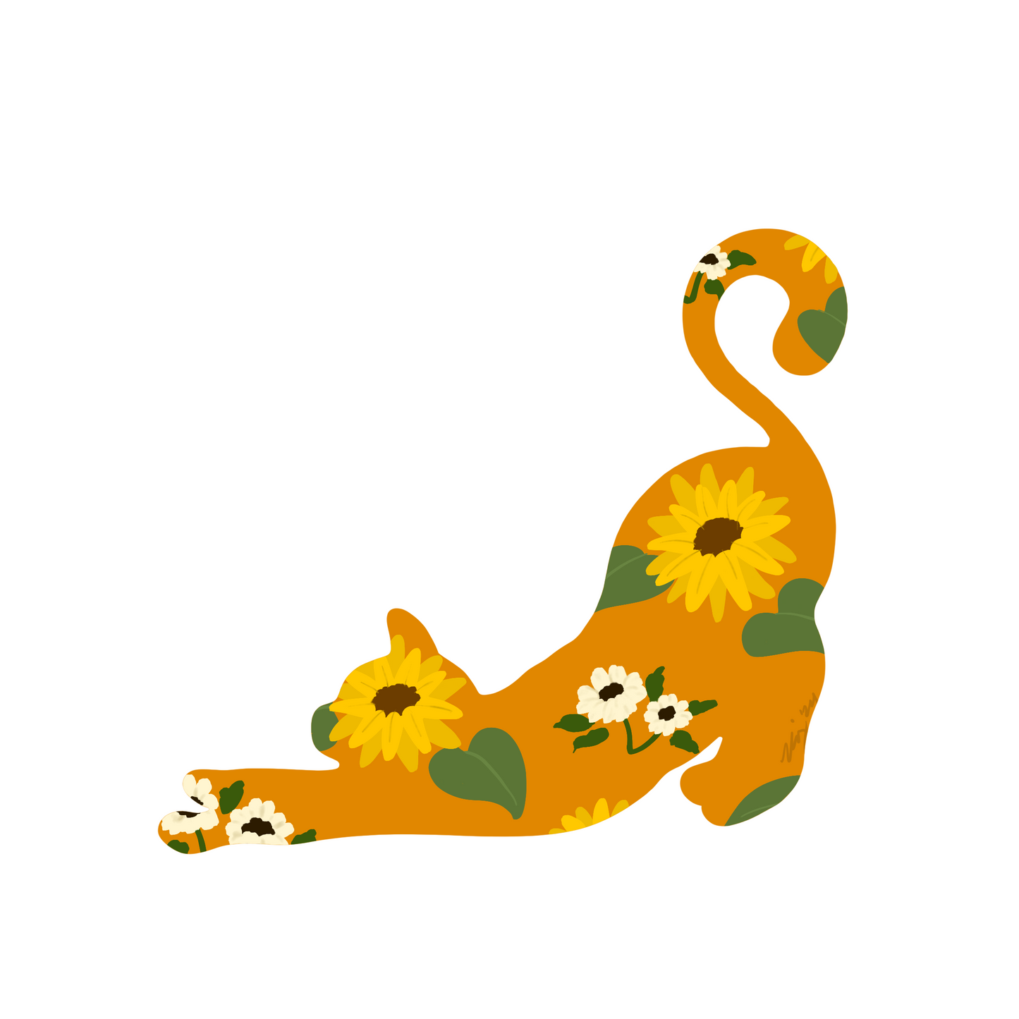 "Illustration of a stretching ginger cat silhouette decorated with sunflowers and white blooms, perfect for floral cat art lovers and nature-inspired decor fans."