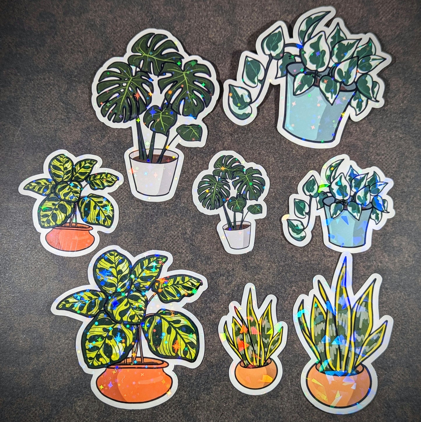 "Set of holographic houseplant stickers featuring potted monstera, pothos, calathea and snake plants. Perfect for plant lovers and fans of botanical decor, adding a touch of greenery to laptops, journals, or water bottles."