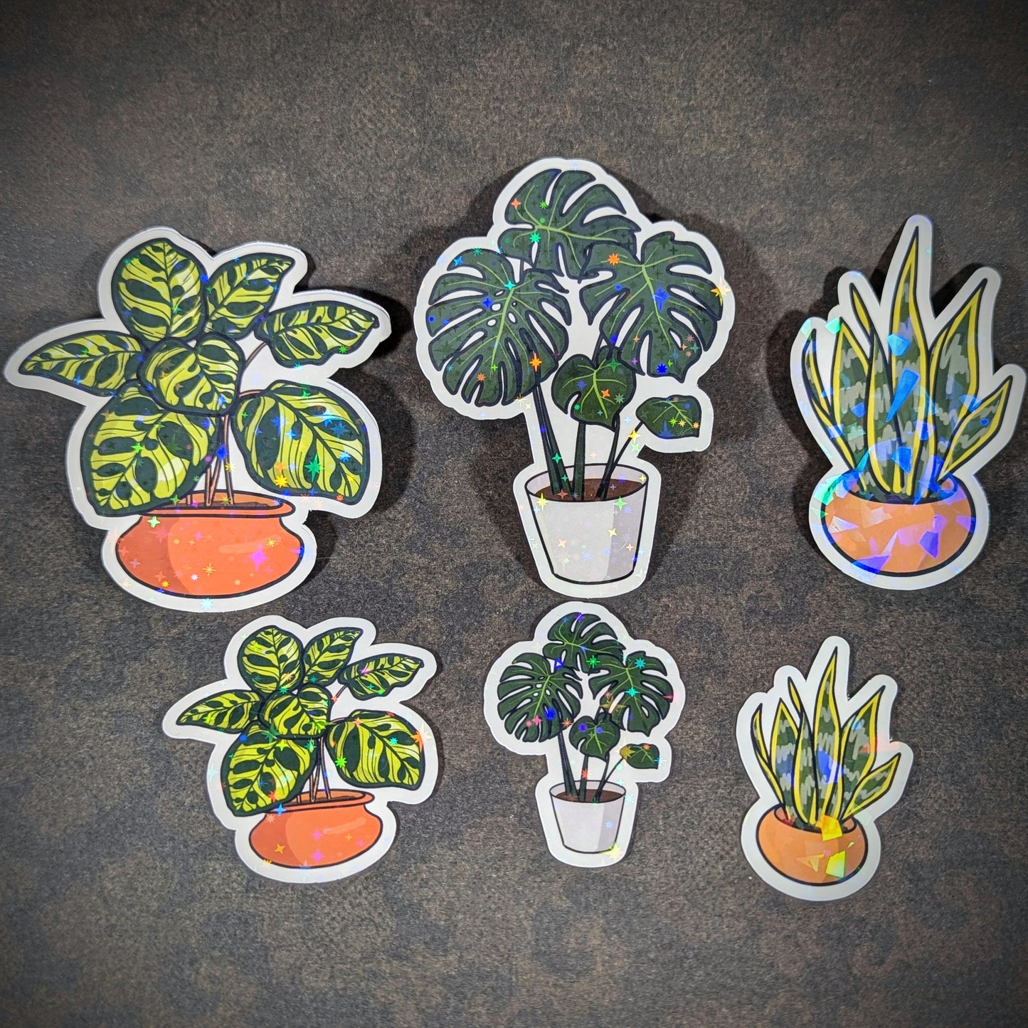 "Large and small trios of holographic houseplant stickers featuring potted calathea, monstera, and snake plants. Perfect for plant lovers seeking to add botanical sparkle and charm to laptops, journals, or personal decor."