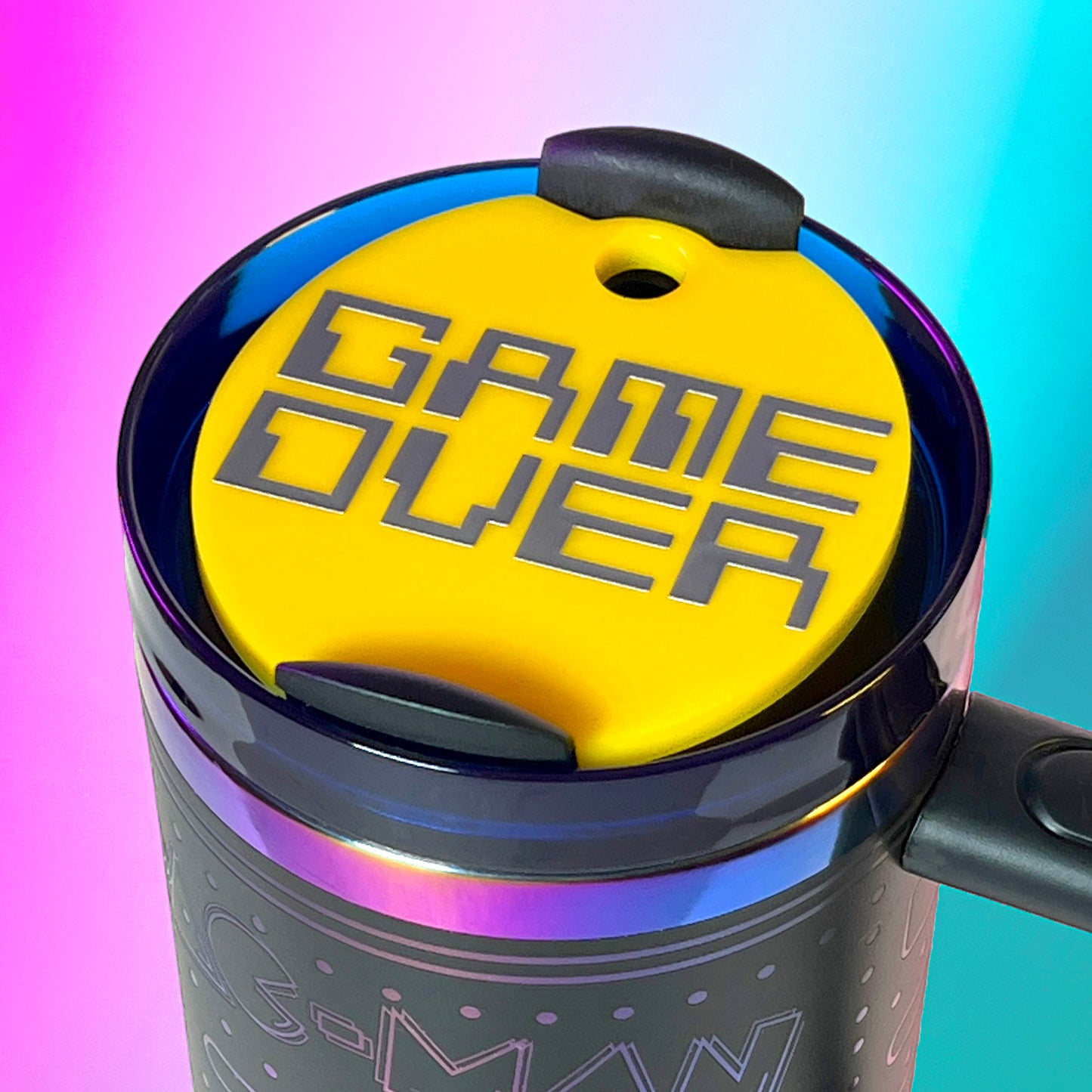 Laser engraved 40oz stainless steel tumbler featuring a retro Pac-Man design with iconic maze and ghosts, insulated to keep drinks hot or cold, perfect for gamers and retro arcade enthusiasts on the go.