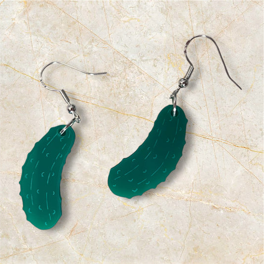 Green acrylic pickle earrings with detailed texture. Fun and quirky dangle earrings perfect for pickle lovers, foodies, or unique statement jewelry.