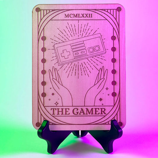 Laser engraved wooden tarot card featuring a gaming controller design. Perfect as retro gaming decor, a gamer gift, or a nerdy desk accessory.