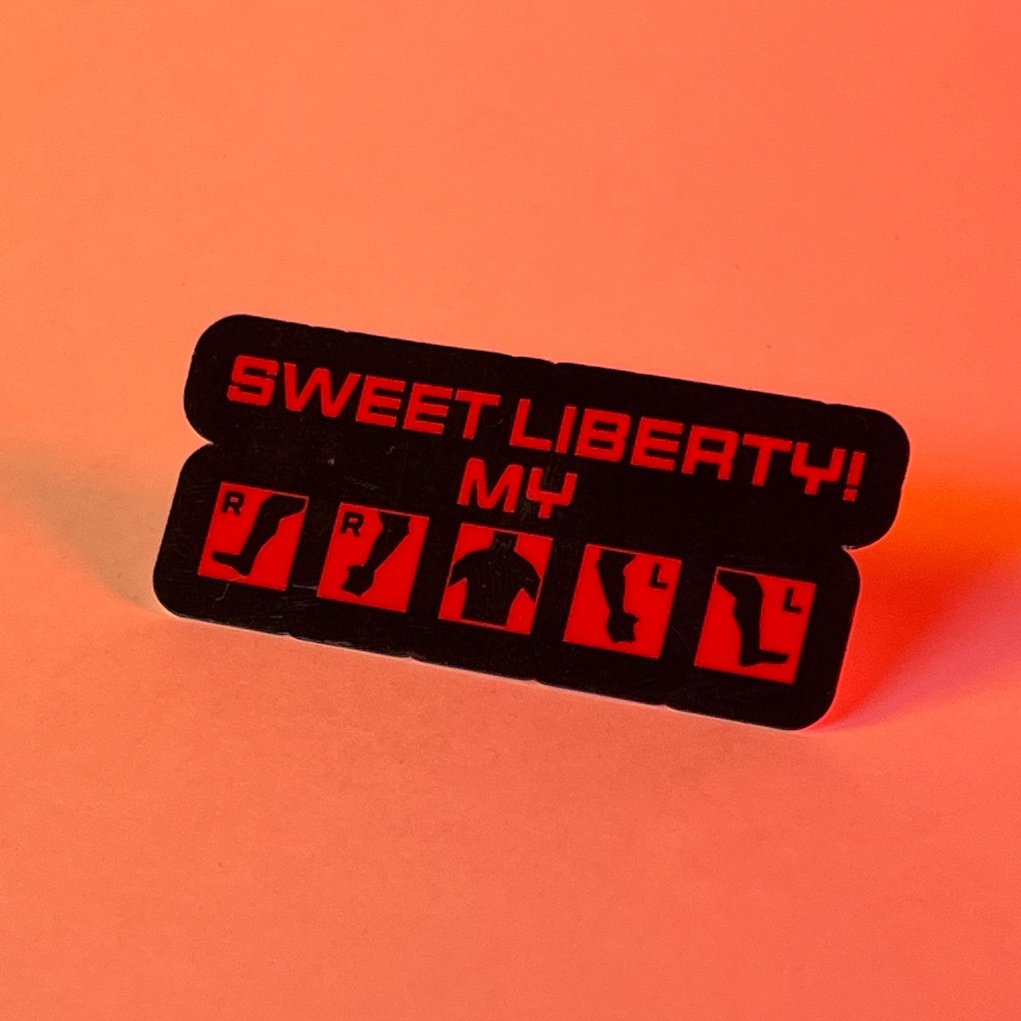 Helldivers 2-inspired vinyl sticker featuring "Sweet Liberty!" design with humorous health icons. Perfect for gaming laptops, water bottles, and sci-fi fans.