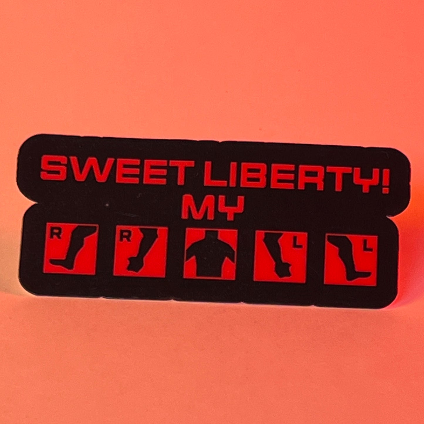 Helldivers 2-inspired vinyl sticker featuring "Sweet Liberty!" design with humorous health icons. Perfect for gaming laptops, water bottles, and sci-fi fans.