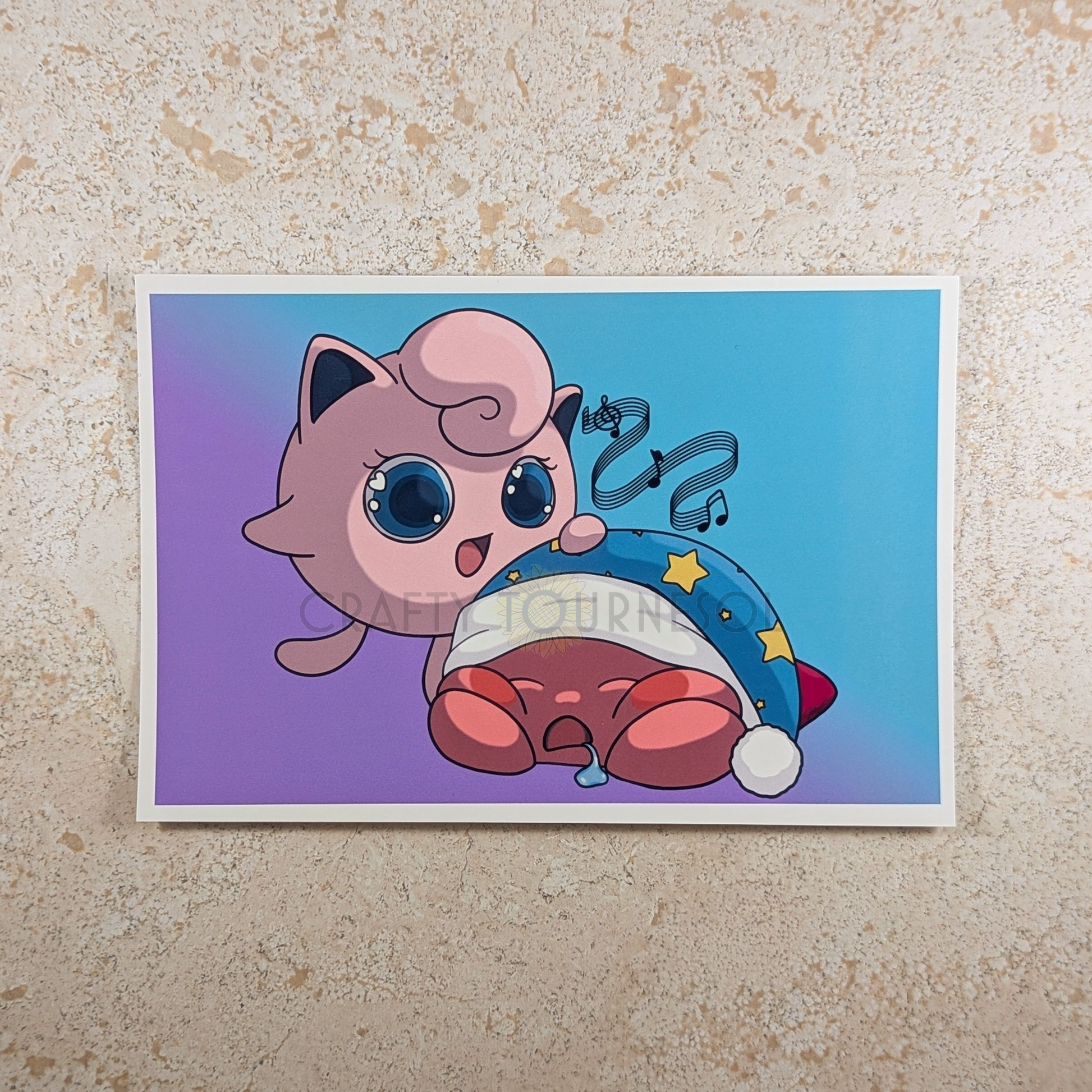 Digital fanart 4"x6" print with a smiling Jigglypuff singing a lullaby with floating music notes to a sleeping Kirby, who is asleep with his mouth open, drooling, and wearing a teal nightcap with yellow stars.  Background is purple to teal gradient.  Whimsically geeky mashup of Pokemon and Kirby!