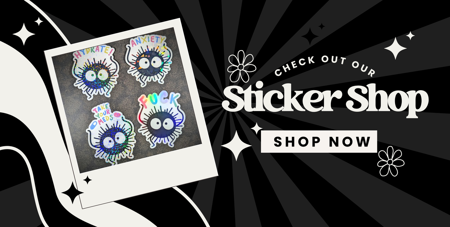 A banner that says "check out our sticker shop" with an image of four funny soot sprite stickers.