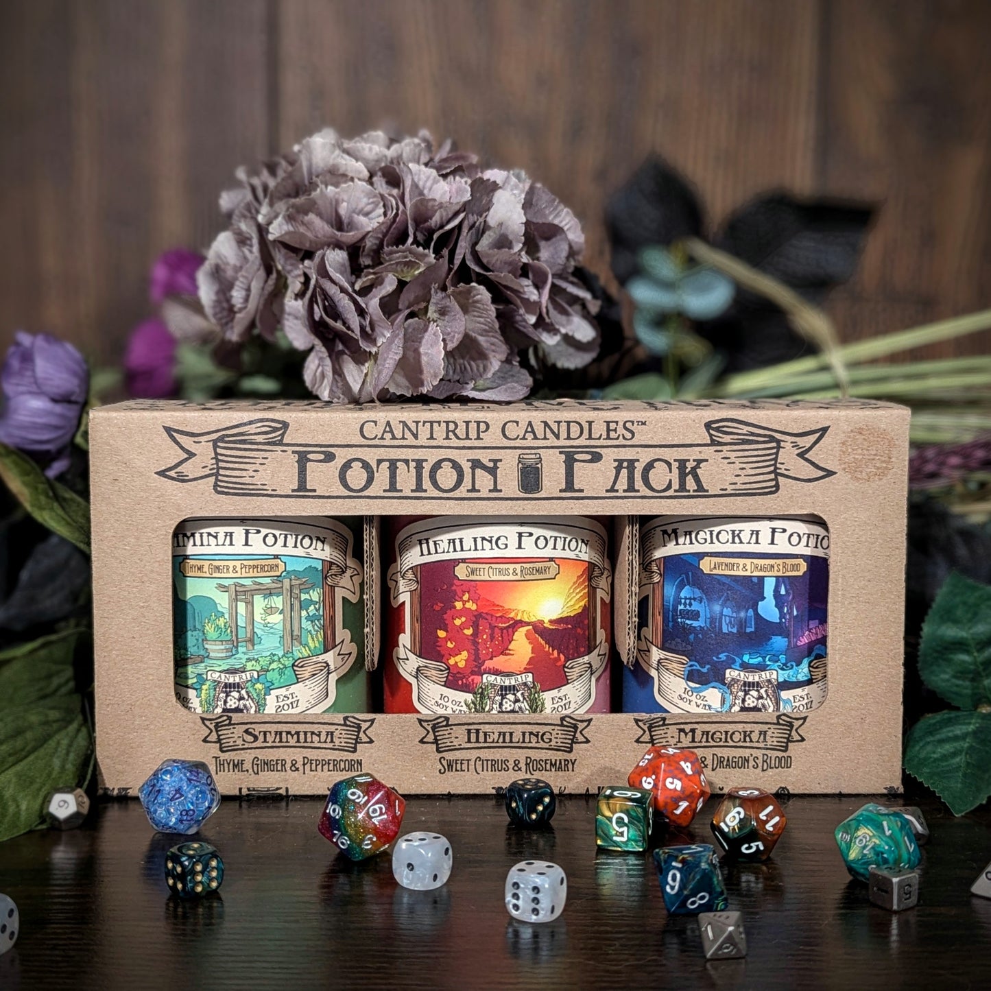 "Cantrip Candles Potion Pack featuring Stamina, Healing, and Magicka candles with fantasy-inspired scents like thyme, citrus, and lavender. Perfect gift for tabletop RPG fans and lovers of immersive ambiance."