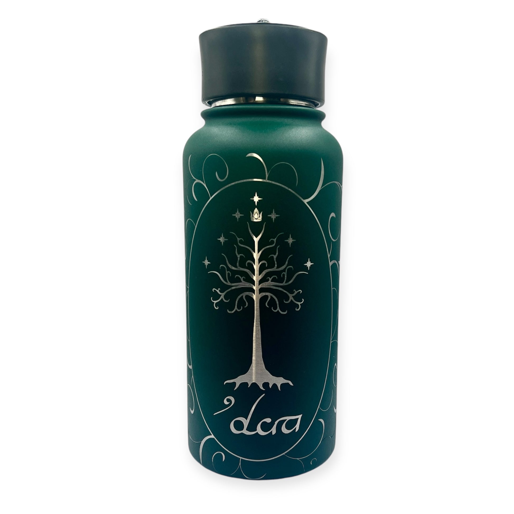 Laser engraved stainless steel water bottle featuring the Tree of Gondor from Lord of the Rings. Includes personalized name option. Perfect gift for LOTR fans