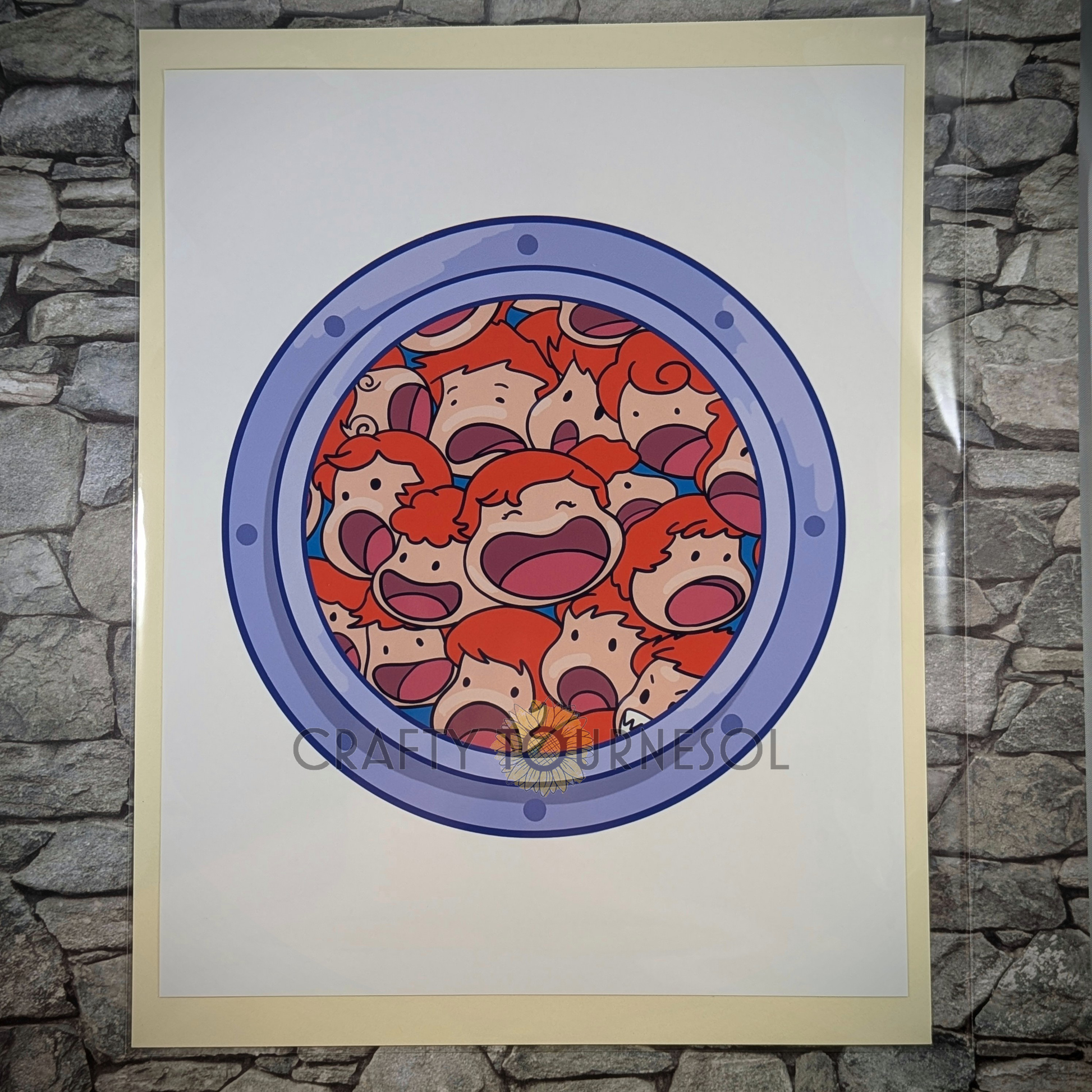 "8"x10" fanart print, featuring adorable, colorful fish, little sisters from the Ponyo anime-inspired design, packed together in a circular frame. Perfect for fans of whimsical, aquatic-themed art looking to add whimsy to their decor."