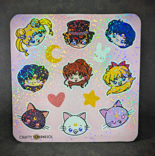 "Holographic sticker sheet featuring chibi characters inspired by Sailor Moon anime series, including moon-themed icons, cute cats, hearts, and stars. Perfect for decorating notebooks, laptops, and more."