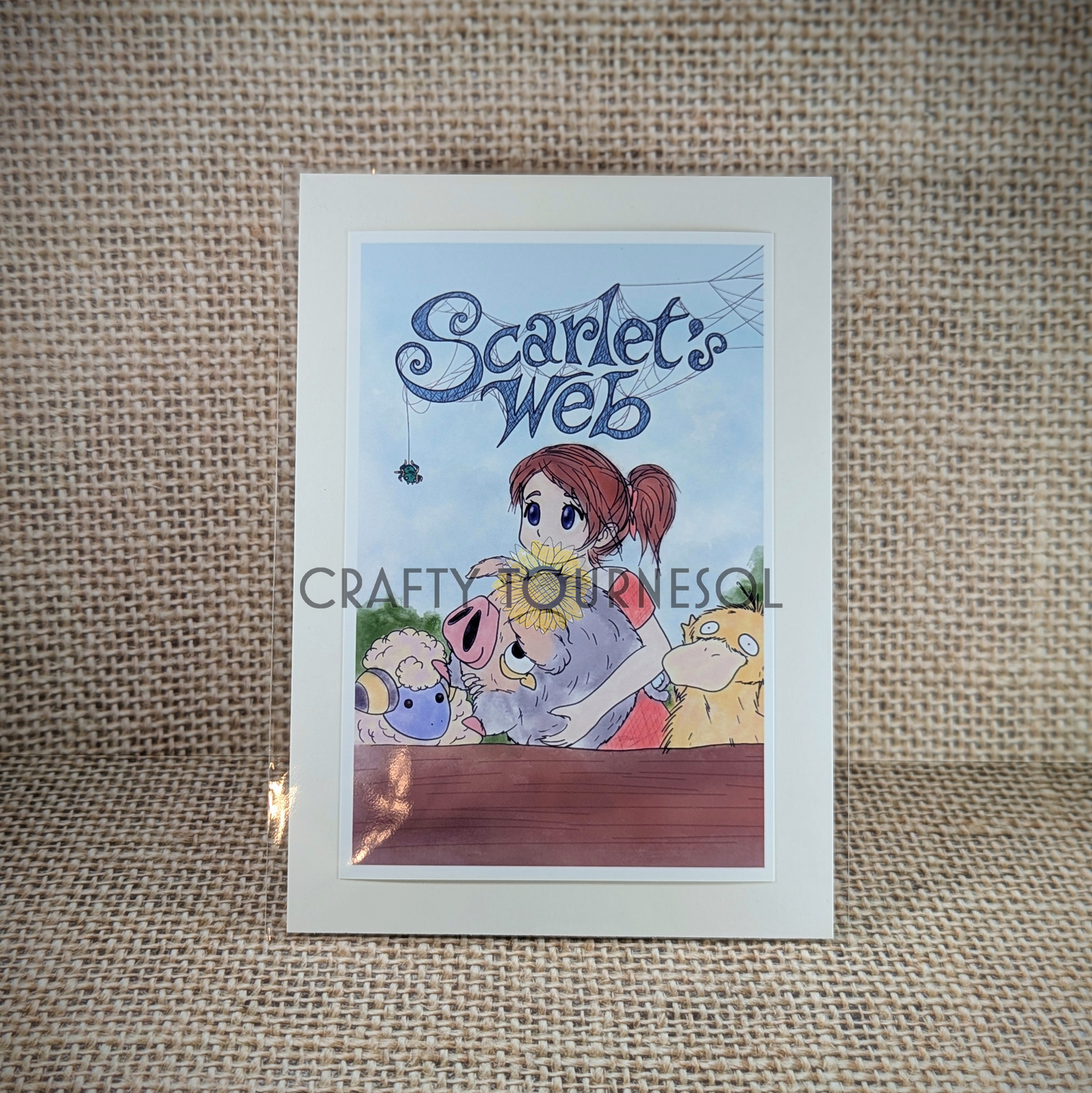 4x6 fanart print inspired by Pokemon and classic children's storybooks.  Featured is Scarlet's Web, a nostalgic mashup of Pokemon Scarlet and Charlotte's Web, picturing a girl with brown hair, LeChonk, Mareep, and Psyduck.