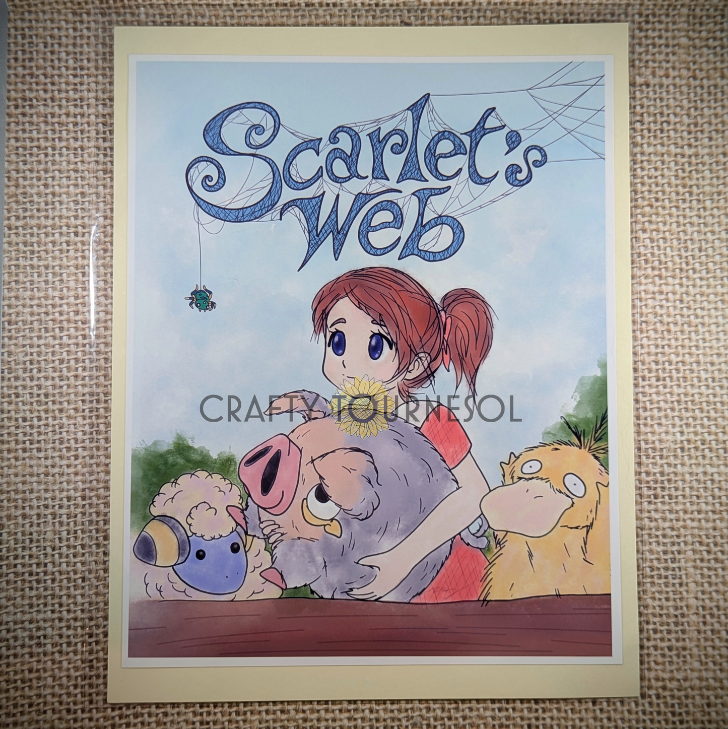 8x10 fanart print inspired by Pokemon and classic children's storybooks.  Featured is Scarlet's Web, a nostalgic mashup of Pokemon Scarlet and Charlotte's Web, picturing a girl with brown hair, LeChonk, Mareep, and Psyduck.