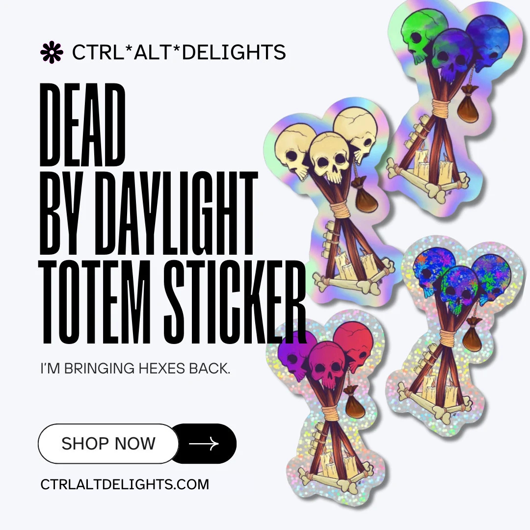 Holographic Dead by Daylight Totem Sticker featuring a skull totem design. Perfect for horror gamers and fans of DBD, this unique gaming decal adds a spooky flair to any collection. Durable and eye-catching, great for laptopsand accessories.