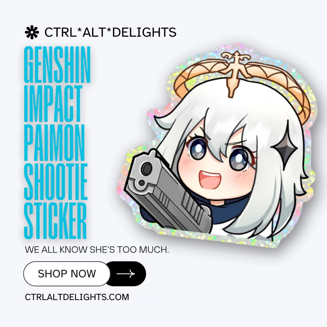 Holographic Paimon sticker from Genshin Impact featuring a cute chibi design. Perfect for decorating laptops, water bottles, and more. Durable and eye-catching, a fun way to show your love for the game!