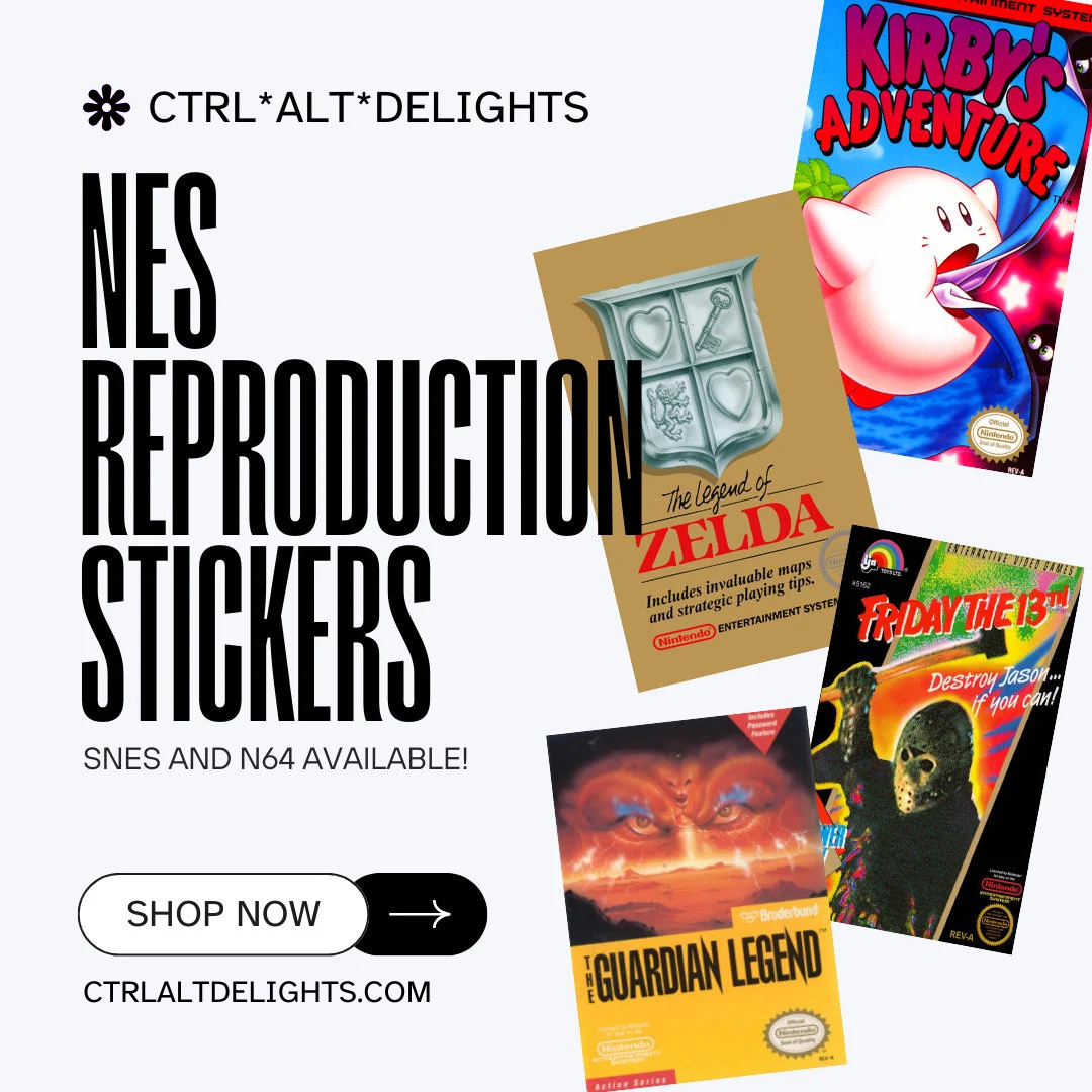 NES reproduction stickers featuring iconic games like The Legend of Zelda, Kirby's Adventure, Friday the 13th, and The Guardian Legend. Available in SNES and N64 designs. Perfect for retro gaming enthusiasts. 