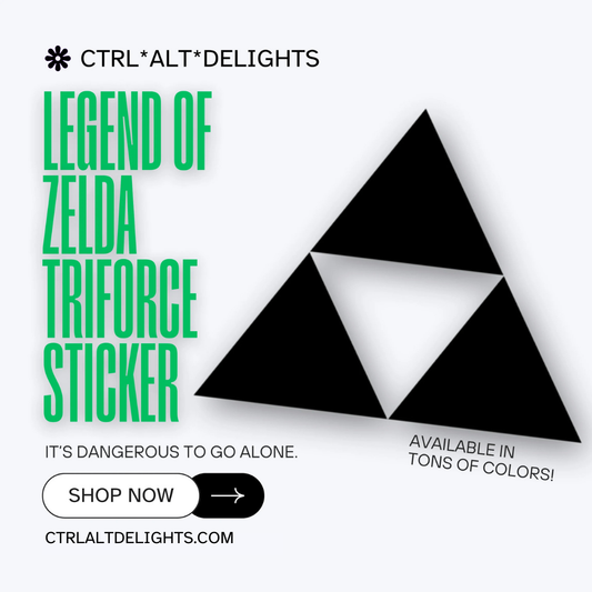 A sleek Legend of Zelda Triforce vinyl sticker, perfect for fans of the series. Available in multiple colors, it’s great for decorating laptops, notebooks, or water bottles. 