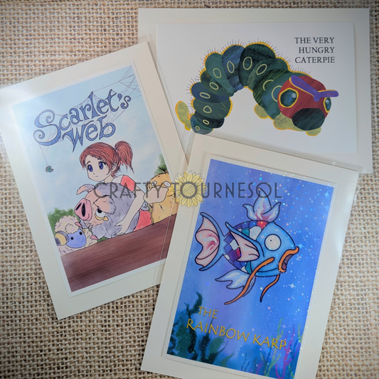 Three 4x6 fanart prints inspired by Pokemon and classic children's storybooks.  Featured are The Rainbow Karp, Scarlet's Web, and The Very Hungry Caterpie.