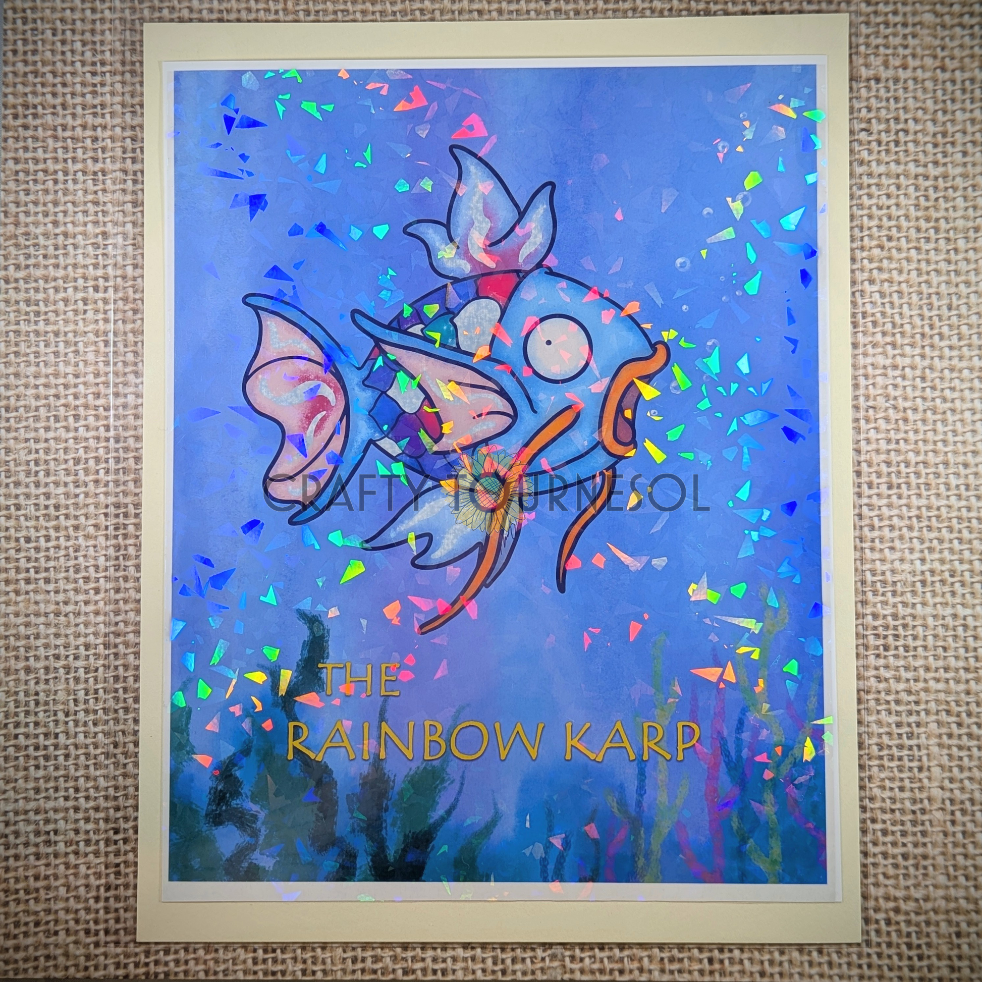 8x10 fanart print inspired by Pokemon and classic children's storybooks.  Featured is The Rainbow Karp, a nostalgic mashup of Magikarp and The Rainbow Fish.