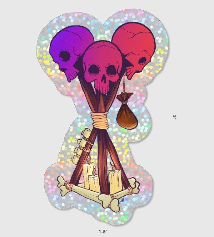 Holographic Dead by Daylight Totem Sticker featuring a skull totem design. Perfect for horror gamers and fans of DBD, this unique gaming decal adds a spooky flair to any collection. Durable and eye-catching, great for laptopsand accessories.