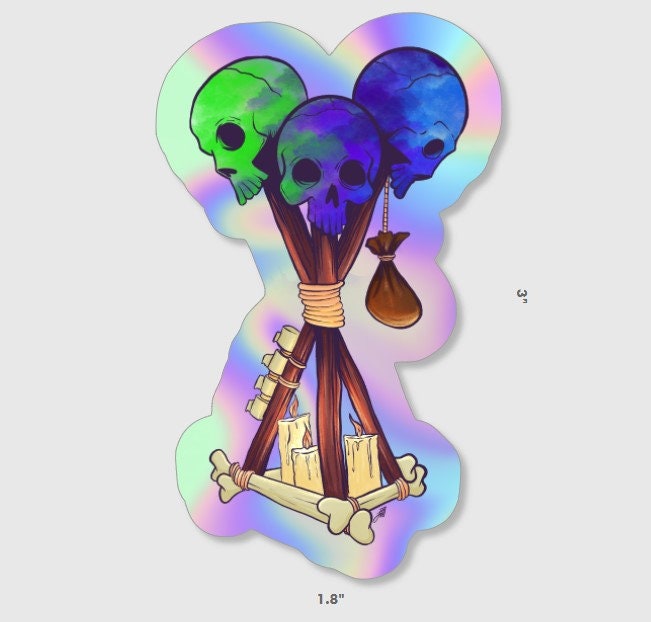 Holographic Dead by Daylight Totem Sticker featuring a skull totem design. Perfect for horror gamers and fans of DBD, this unique gaming decal adds a spooky flair to any collection. Durable and eye-catching, great for laptopsand accessories.