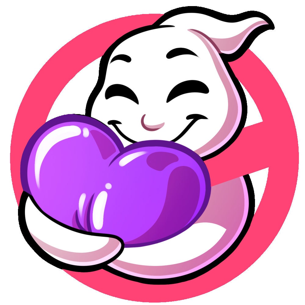 A holographic vinyl sticker featuring a playful ghost hugging a purple heart, inspired by Ghostbusters. Perfect for laptops, water bottles, and notebooks.