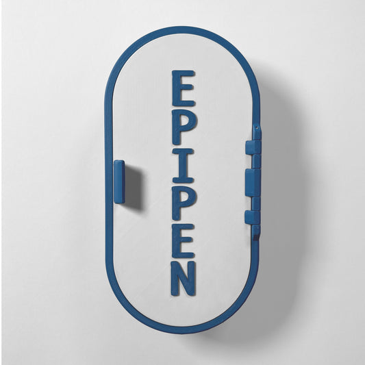 Wall-mounted, blue and white EpiPen storage case designed for easy access in emergencies. Durable, sleek, and perfect for mounting on walls in homes, offices, or schools for safe storage of epinephrine injectors.