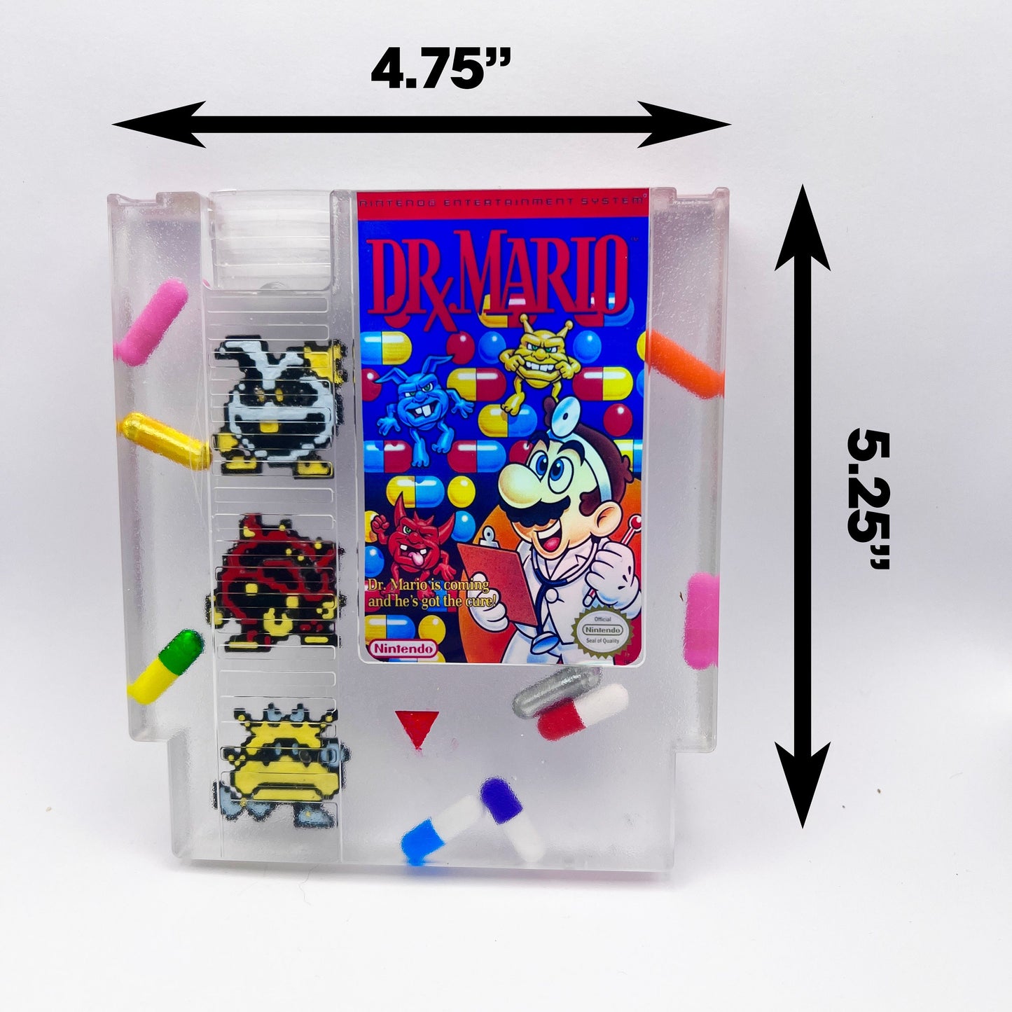 Custom handmade Dr. Mario NES cartridge featuring iconic pixelated viruses and colorful pills. A perfect gift for retro gaming enthusiasts or unique home decor for lovers of nostalgic Nintendo games.