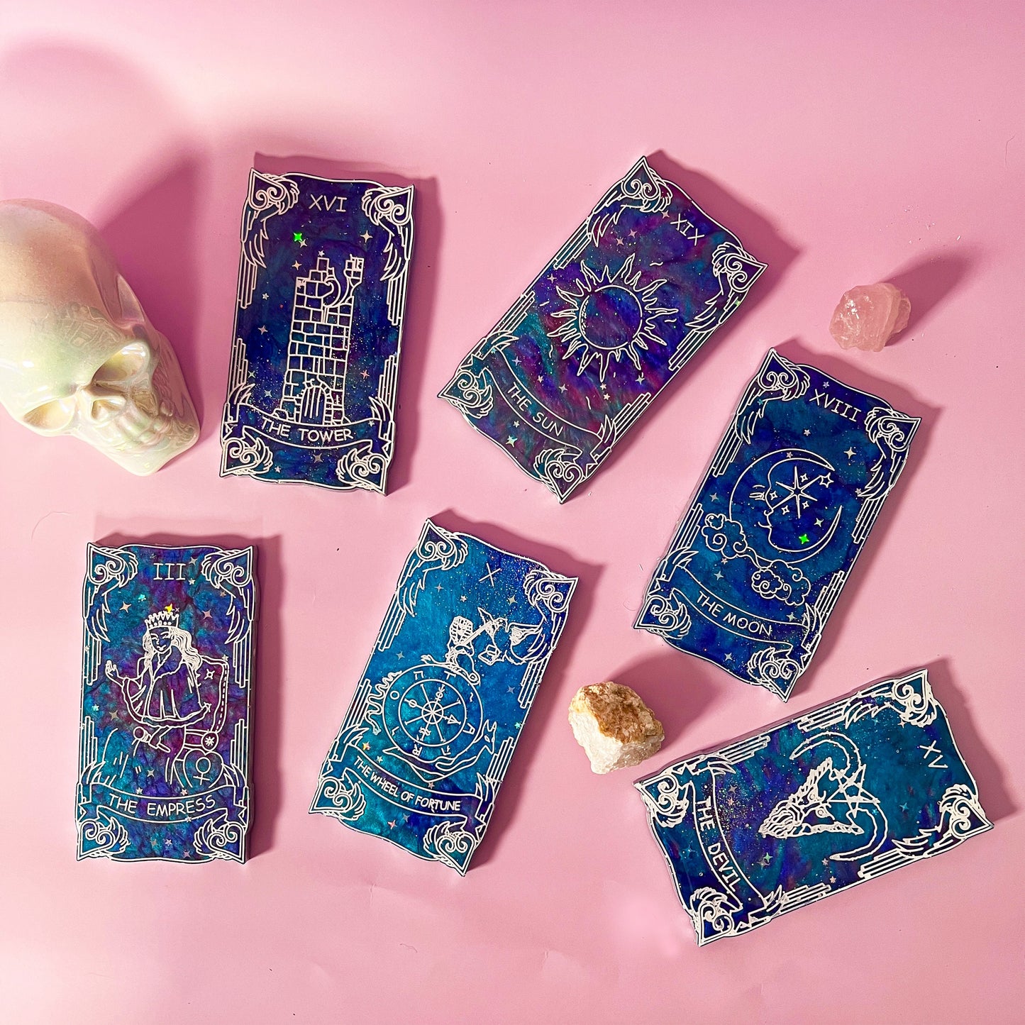 Handmade Major Arcana tarot cards featuring a galaxy theme with vibrant colors. Each card is crafted in resin, showcasing intricate designs perfect for tarot readings, spiritual use, or decorative display.