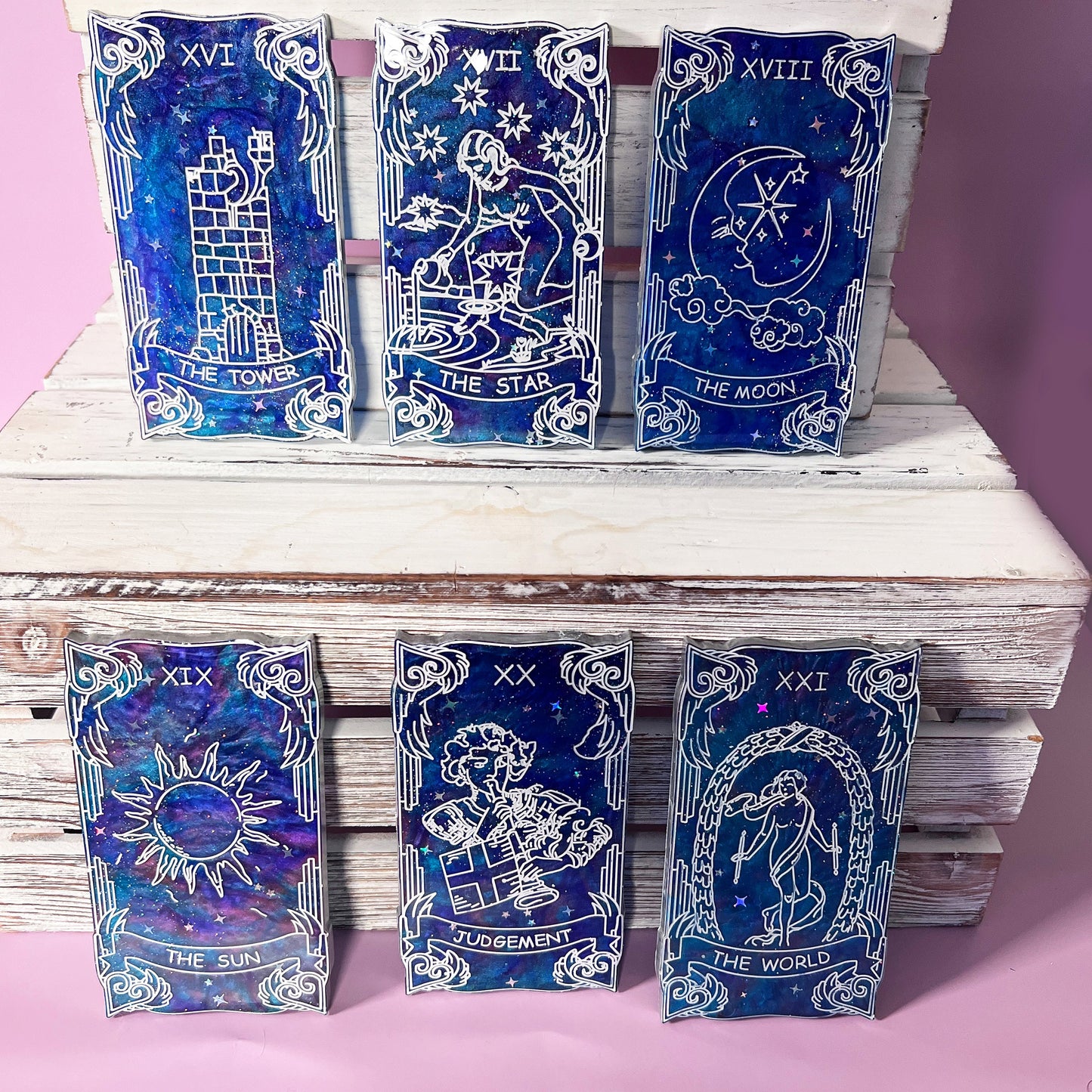 Handmade Major Arcana tarot cards featuring a galaxy theme with vibrant colors. Each card is crafted in resin, showcasing intricate designs perfect for tarot readings, spiritual use, or decorative display.