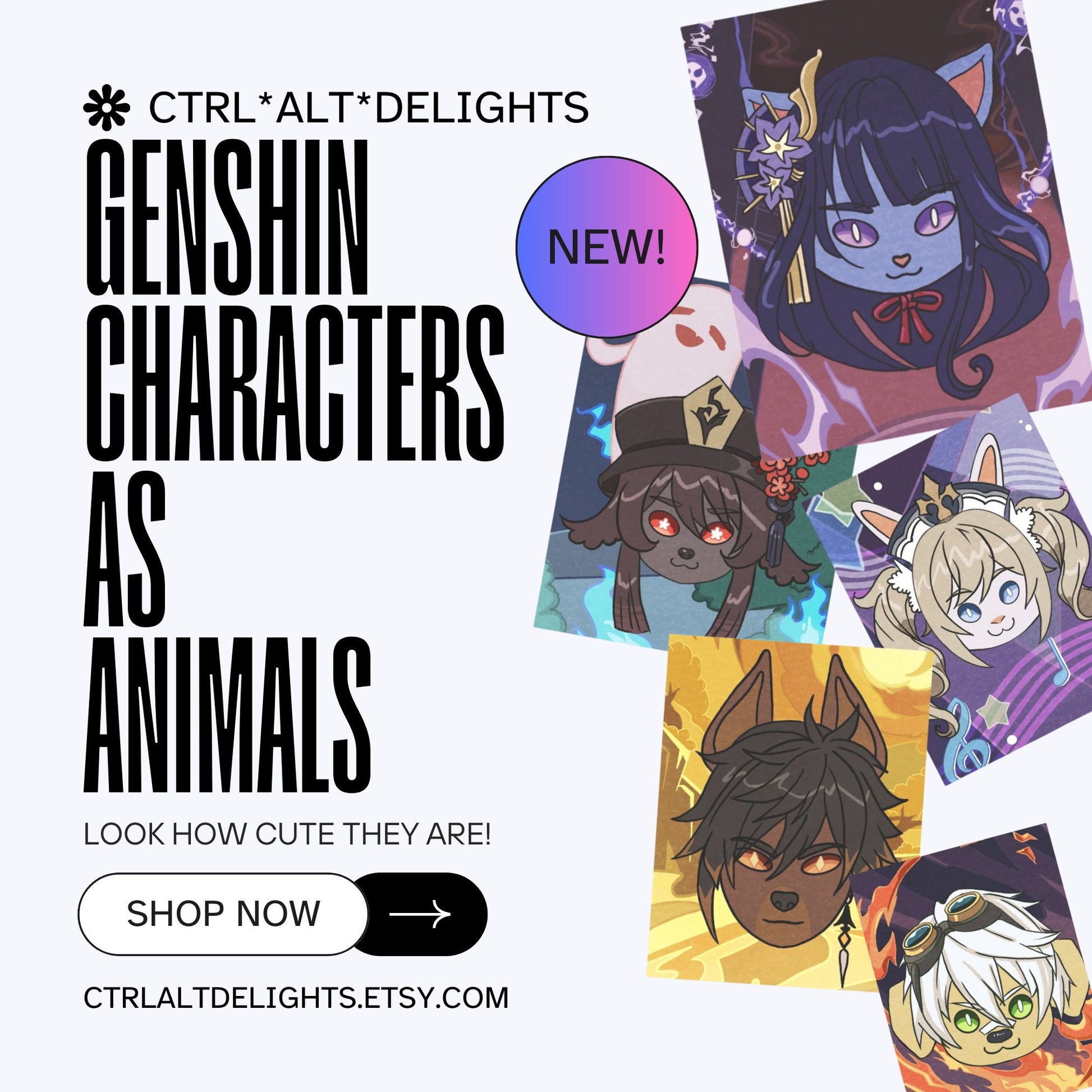 These Genshin Impact character art prints depict fan-favorite characters in adorable animal forms. Perfect for fans of Genshin and kawaii art, these vibrant prints are great for any wall decor.