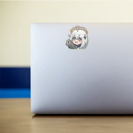 Holographic Paimon sticker from Genshin Impact featuring a cute chibi design. Perfect for decorating laptops, water bottles, and more. Durable and eye-catching, a fun way to show your love for the game!