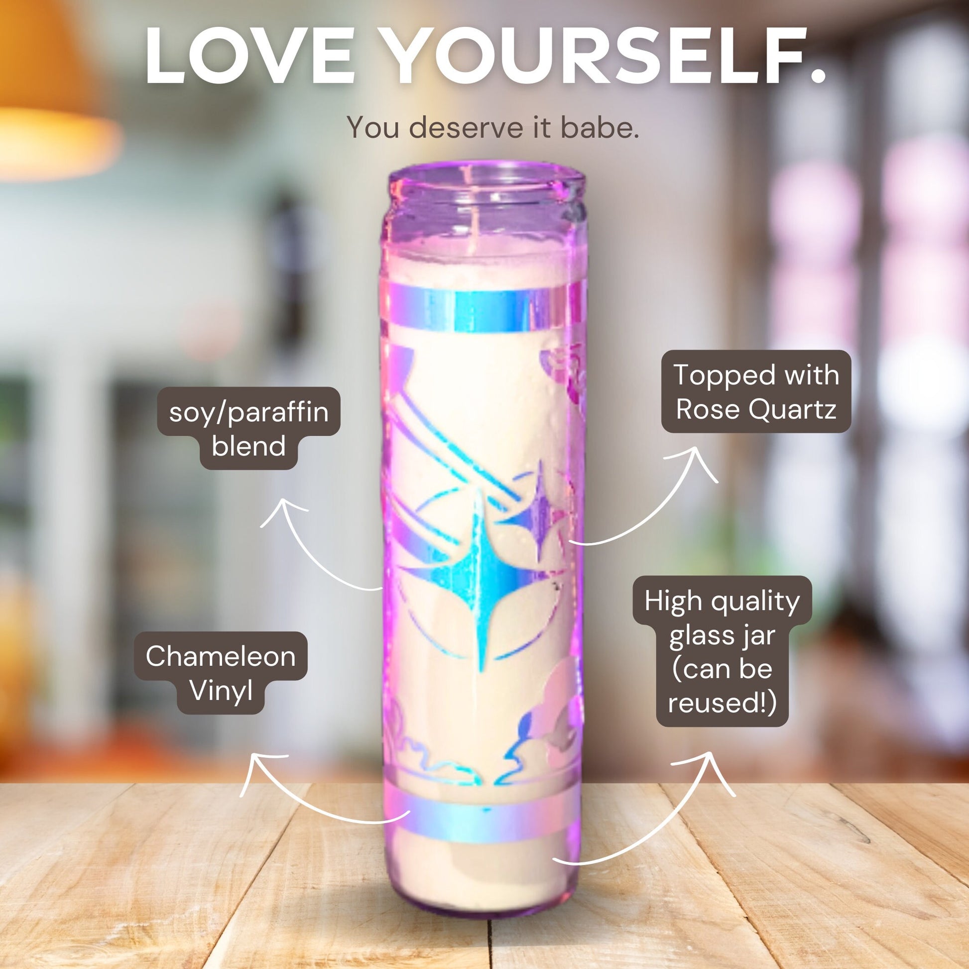 This iridescent prayer candle features a holographic cloud design. Perfect for adding a touch of celestial charm to any space, it reflects light beautifully, enhancing the room’s ambiance.