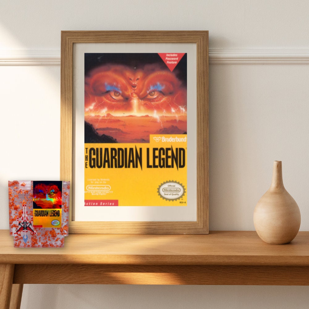 Handcrafted The Guardian Legend custom NES cartridge featuring vibrant orange and holographic elements. This retro gaming art piece adds a unique flair to any collection.