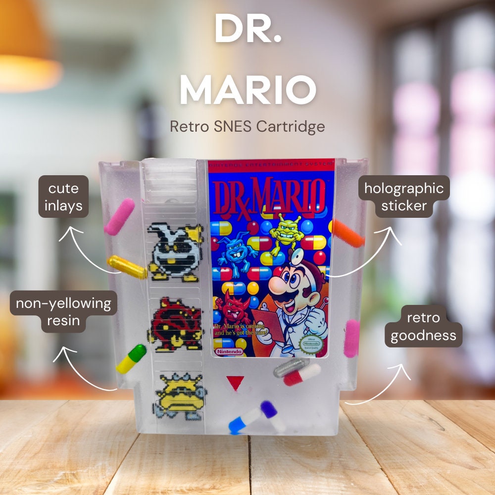 Custom handmade Dr. Mario NES cartridge featuring iconic pixelated viruses and colorful pills. A perfect gift for retro gaming enthusiasts or unique home decor for lovers of nostalgic Nintendo games.