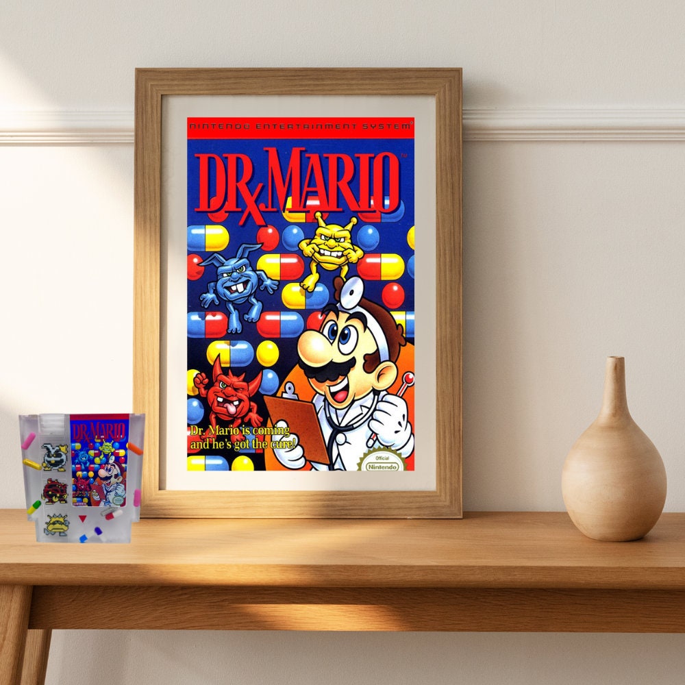 Custom handmade Dr. Mario NES cartridge featuring iconic pixelated viruses and colorful pills. A perfect gift for retro gaming enthusiasts or unique home decor for lovers of nostalgic Nintendo games.