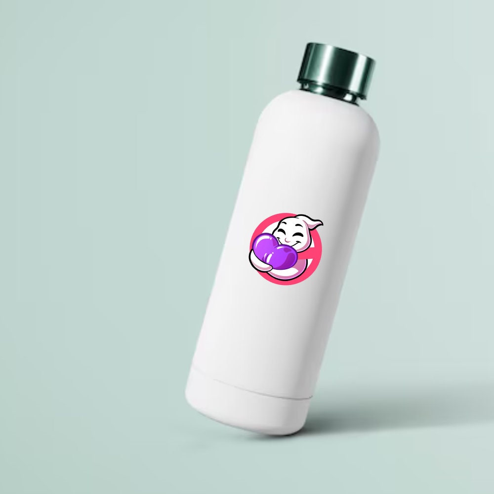 A holographic vinyl sticker featuring a playful ghost hugging a purple heart, inspired by Ghostbusters. Perfect for laptops, water bottles, and notebooks.