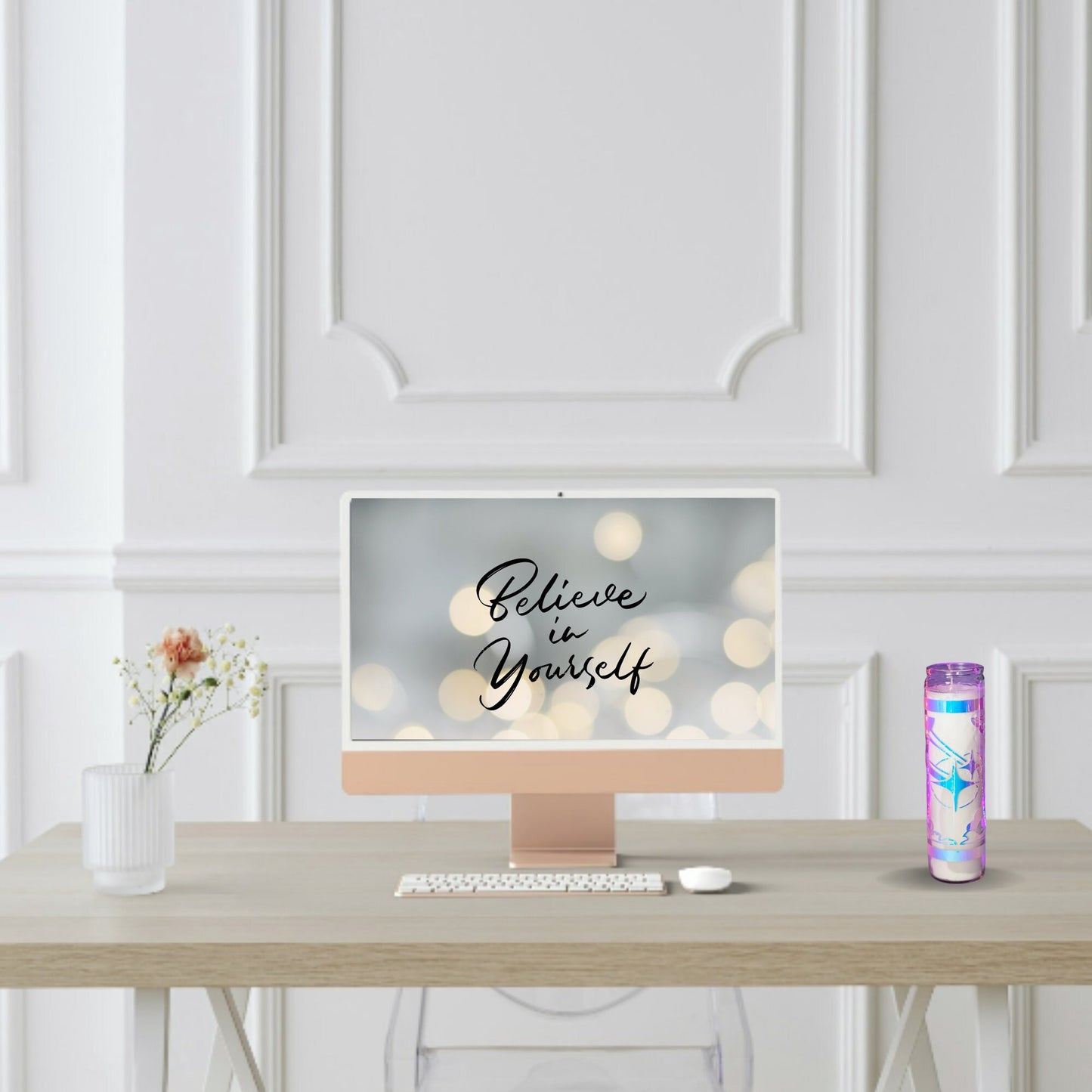 This iridescent prayer candle features a holographic cloud design. Perfect for adding a touch of celestial charm to any space, it reflects light beautifully, enhancing the room’s ambiance.